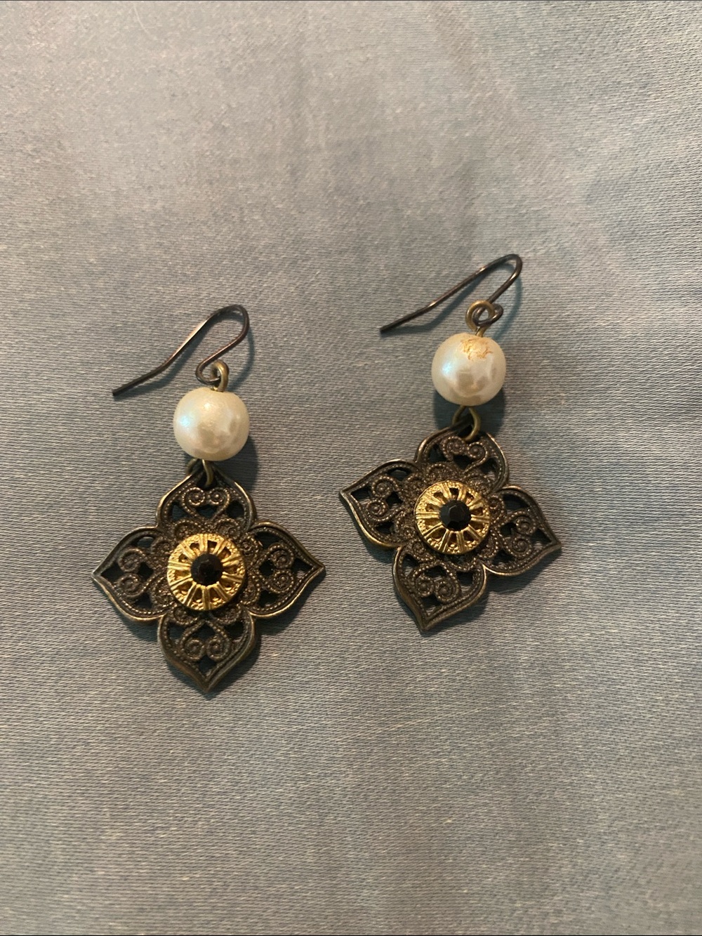 Pearl & Filigree Drop Earrings - Gold and White
